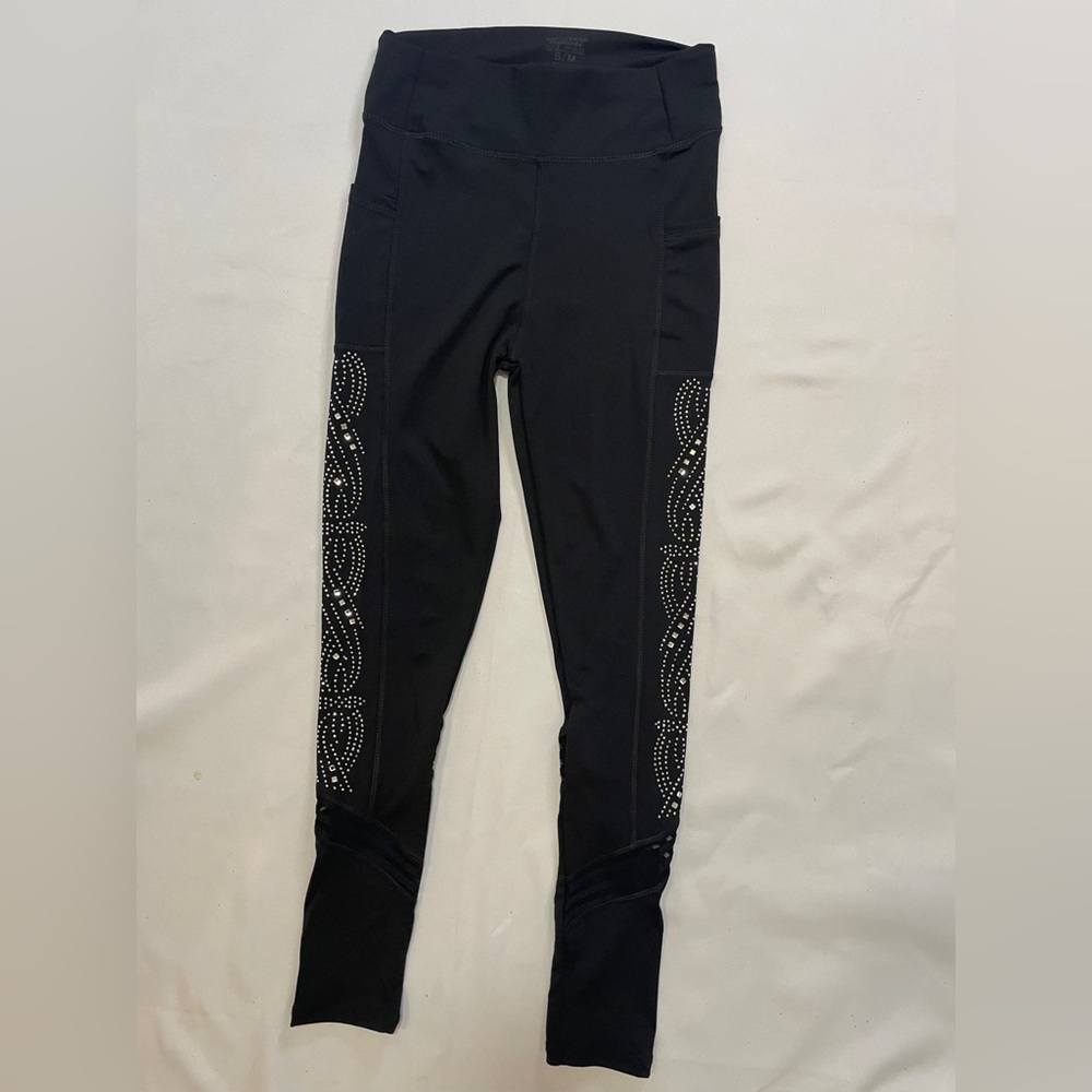LYDAA Black Rhinestone Mesh Active Leggings S/M Pockets NWT Bling Athleisure Lux
